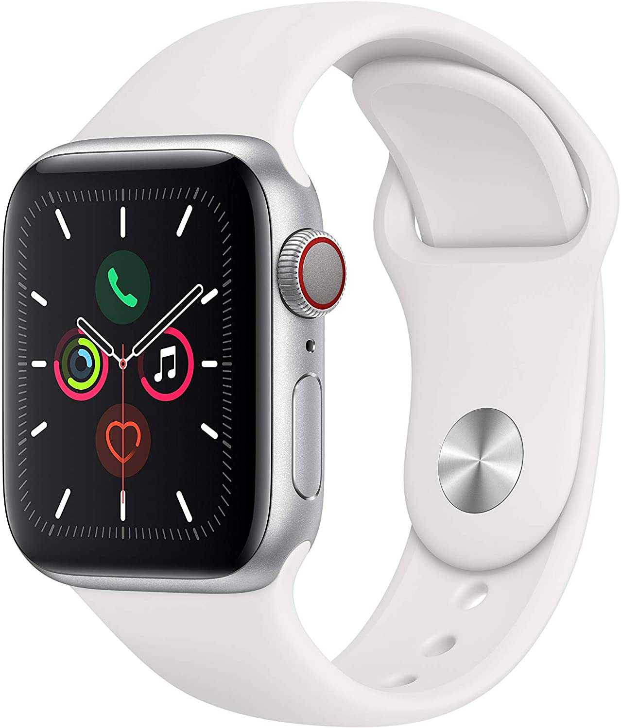 Apple Watch Series 5 (GPS + Cellular, 40MM) - Silver Aluminum Case with White Sport Band (Renewed)