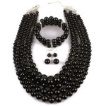 beaded necklace, earrings and bracelet