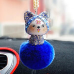 Car Pendant Cute Lovely Cat Rhinestone Cartoon Plush Fur Ball  Hanging Ornaments Accessories Decor