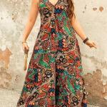 Plus Size Elegant V-Neck Paisley Print Jumpsuit | Stretchy, Machine-Washable Midi with Side Zipper.