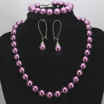 Christmas Gift 10mm Purple Round Glass Pearl Beads Necklace Bracelet Earrings Sets