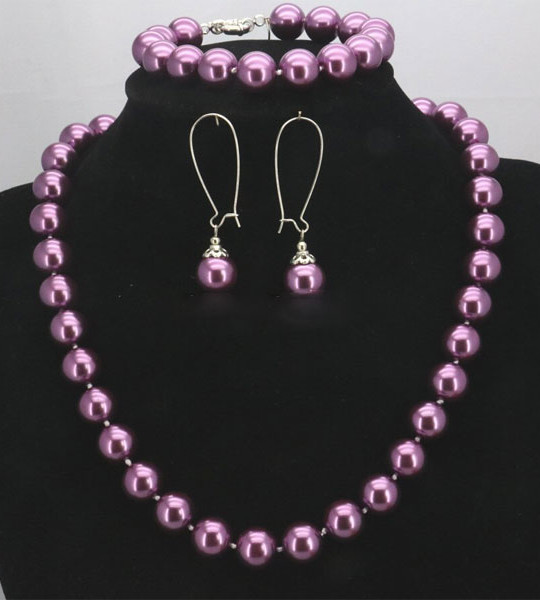 Christmas Gift 10mm Purple Round Glass Pearl Beads Necklace Bracelet Earrings Sets