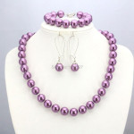 Christmas Gift 10mm Purple Round Glass Pearl Beads Necklace Bracelet Earrings Sets
