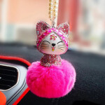 Car Pendant Cute Lovely Cat Rhinestone Cartoon Plush Fur Ball  Hanging Ornaments Accessories Decor