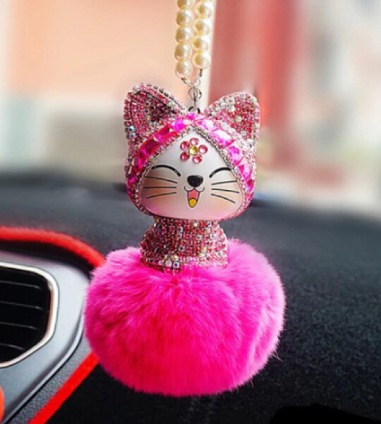 Car Pendant Cute Lovely Cat Rhinestone Cartoon Plush Fur Ball  Hanging Ornaments Accessories Decor