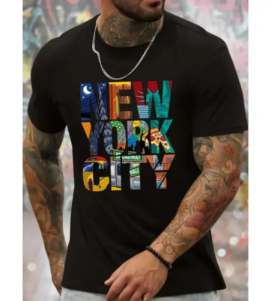 New York City Graphic Men's Short Sleeved T-shirt, Comfortable Stretch Summer Fashion T-shirt, Casual Daily Style Fashion Clothing.