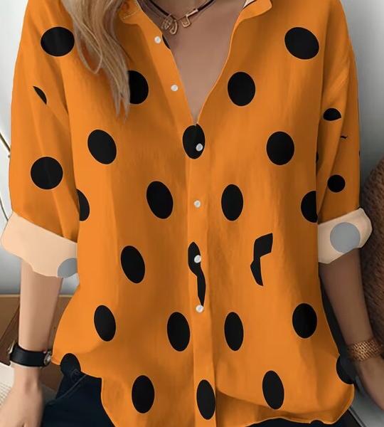 Spring And Autumn New Teenager'S Long Sleeve Shirt, with an Orange Background Covered in Black Dots And Two Irregular Black.