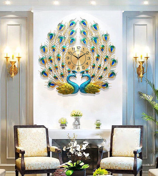Large Peacock Wall Clock Battery Operated Decorative Digital Wall Clocks for Living Room Decor