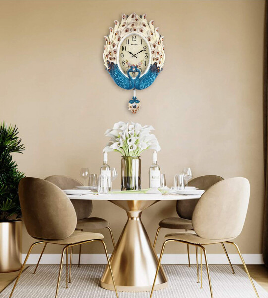 Large Teal Blue Peacock Wall Clocks for Living Room Decor