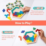Coogam Wooden Hexagon Puzzle for Kid Adults - Shape Pattern Block Tangram Brain Teaser Toy Geometry Logic IQ Game STEM M
