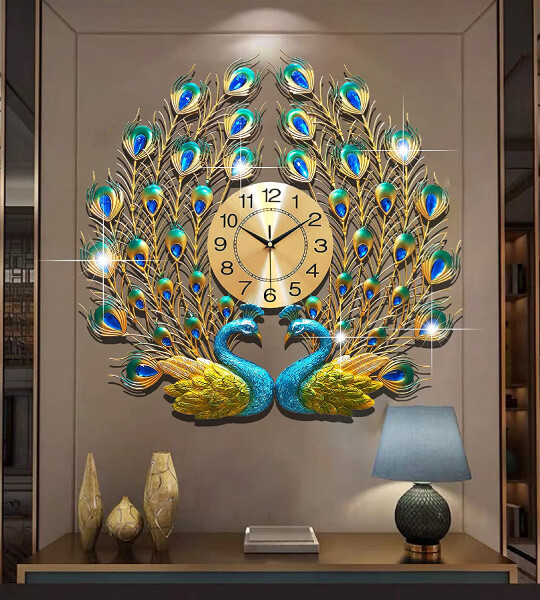 Large Peacock Wall Clock Battery Operated Decorative Digital Wall Clocks for Living Room Decor