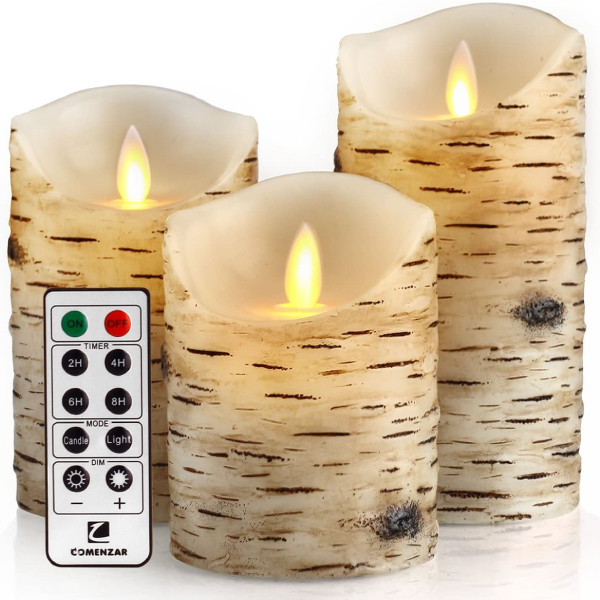 Flickering Candles Birch Bark Battery Candles Real Wax Pillar with Remote Timer