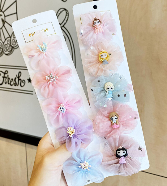 5 PcsSet Children Glitter Cartoon Lace Bow Hair Clips Girls Sweet Dot Net Yarn Hairpin Kids Barrettes Princess Hair Acce