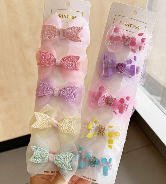 5 PcsSet Children Glitter Cartoon Lace Bow Hair Clips Girls Sweet Dot Net Yarn Hairpin Kids Barrettes Princess Hair Acce