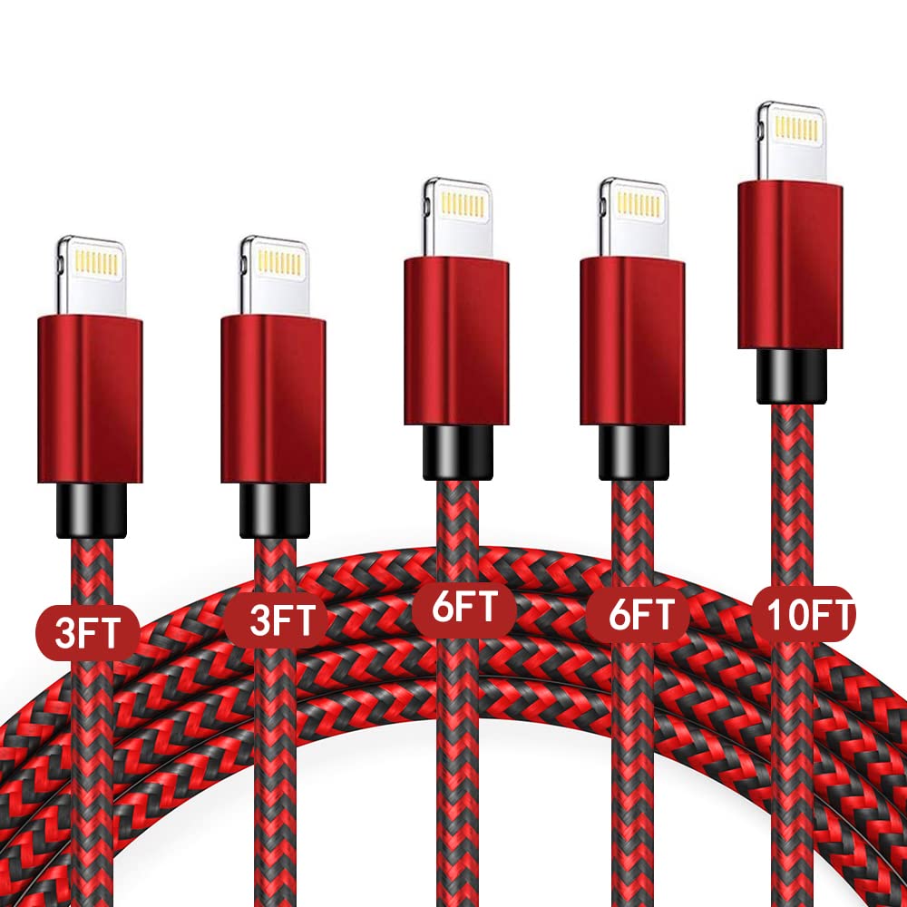 iPhone Charger, 5Pack(3/3/6/6/10FT) MFi Certified Lightning Cable High Speed Nylon Braided USB Fast Charging Data.