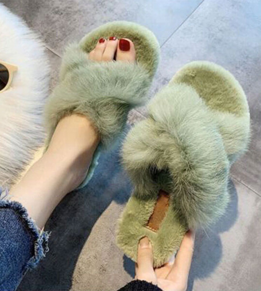 Ladies Band Flat House Fur Slippers