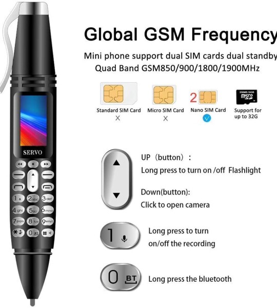 Mini Cell Phone Pen Style Bluetooth Dialer 0.96" Tiny Screen Mobile Phone Support GSM Dual SIM Card with Camera Voice Re