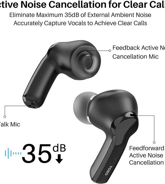 TOZO NC2 Hybrid Active Noise Cancelling Wireless Earbuds, in-Ear Detection Headphones, IPX6 Waterproof