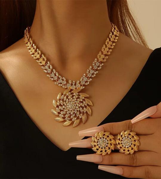 Fashion Sunflower Earrings Necklace Wedding Jewelry Set – Party Accessories for Women Gold Floral Bridal Jewelry Set Gift.