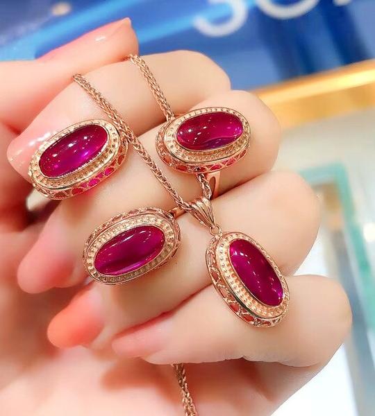 585 Purple Gold Plated 14K Rose Gold Palace Style Ruby Jewelry Set – Light Luxury Earrings Ring Necklace for Women.