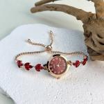 Round Alloy Case Arabic Numeral Classic Dial Leaf-Shaped Diamond-Encrusted Fashionable Bracelet Elegant Ladies Quartz Watch.