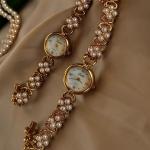 Golden French New Classy Pearl Inlaid Luxury Retro Elegant Women's Watch – Round Pearl Mother Dial 30m Waterproof Daily Party Wrist Gift.