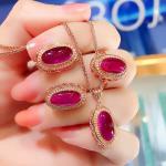 585 Purple Gold Plated 14K Rose Gold Palace Style Ruby Jewelry Set – Light Luxury Earrings Ring Necklace for Women.