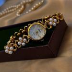 Golden French New Classy Pearl Inlaid Luxury Retro Elegant Women's Watch – Round Pearl Mother Dial 30m Waterproof Daily Party Wrist Gift.