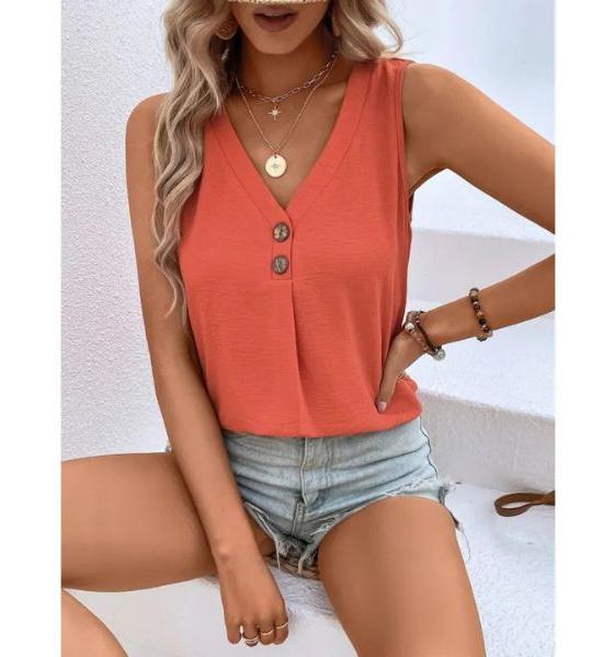 Summer V-neck Vest Top Fashion Button Sleeveless T-Shirt Loose Casual Women's Clothing.