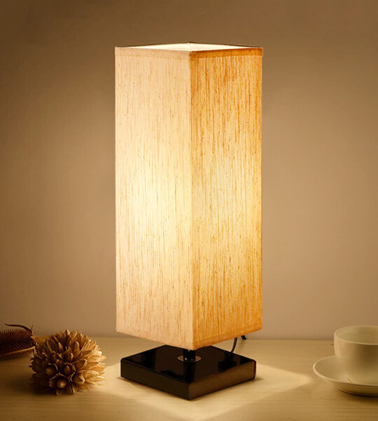 Small Bedside Table Lamp Solid Wood Bedroom Lamp with Square Fabric Shade for Home Decoration